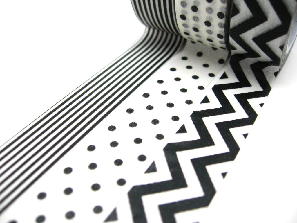 Black and White Polka Dots, Chevron Washi Tape Set of 3