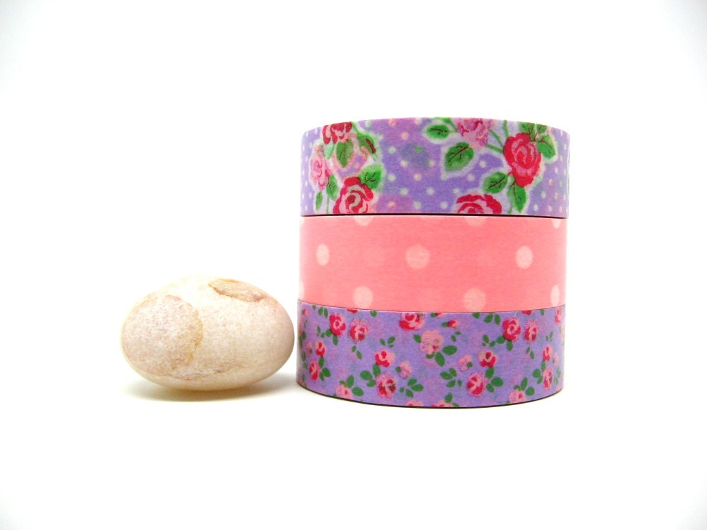 Red and Pink Roses, Polka Dots on Pink Japanese Washi Tapes Set