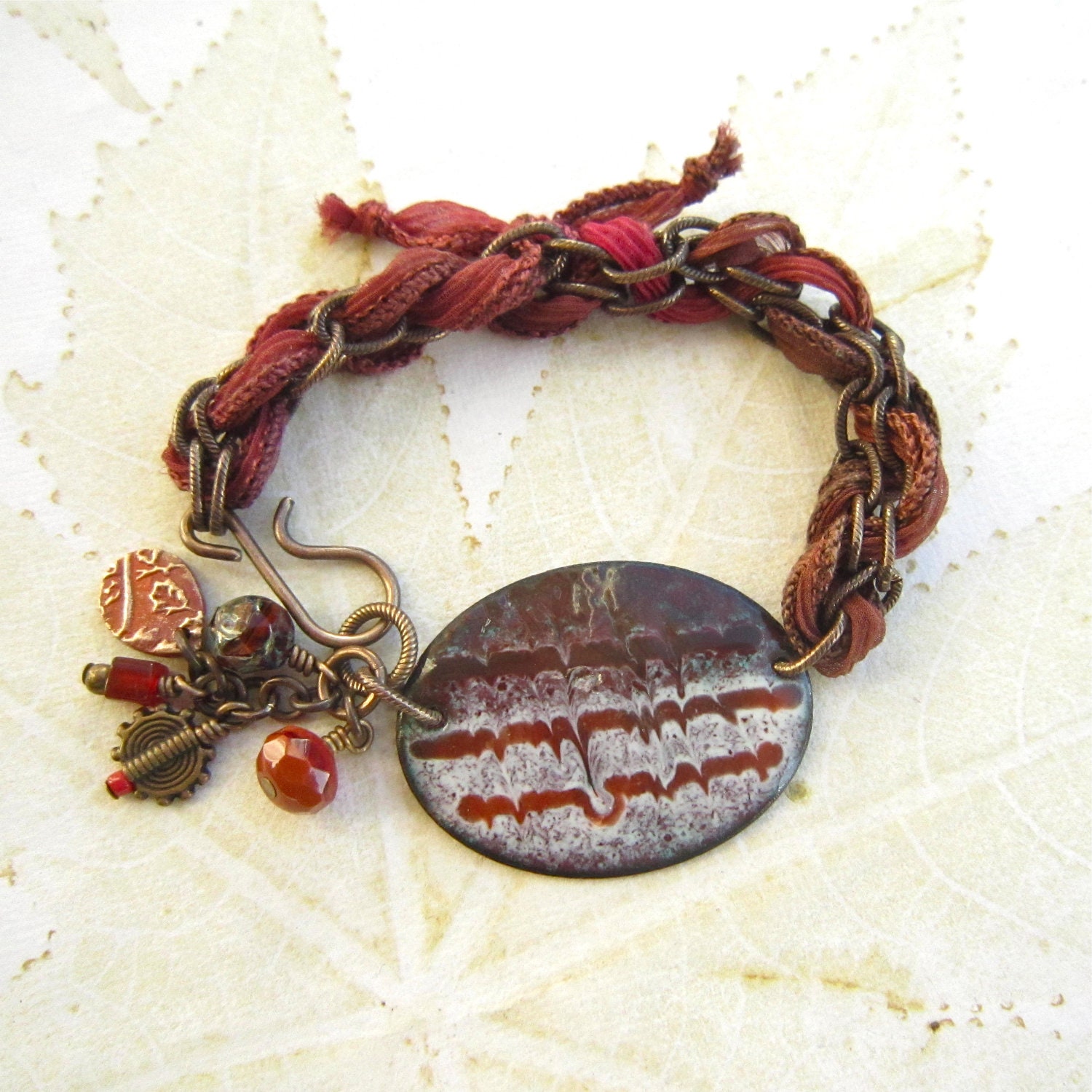 Enameled bracelet, chain bracelet, beaded brass bracelet, fiber bracelet