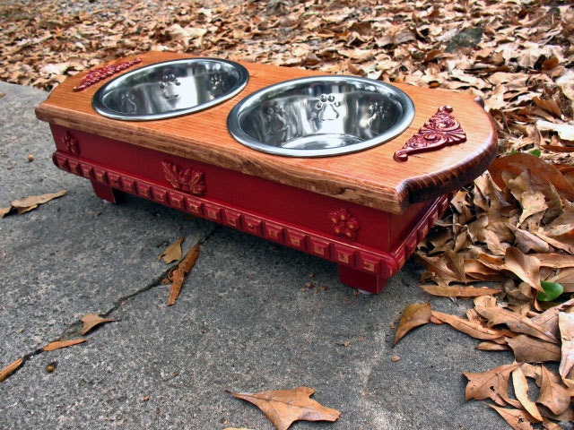 Elevated Dog Pet Feeder  - Two Tone, Stained Top, Cardinal Red Shabby Chic Two Paw Print Stainless Bowls Made To Order