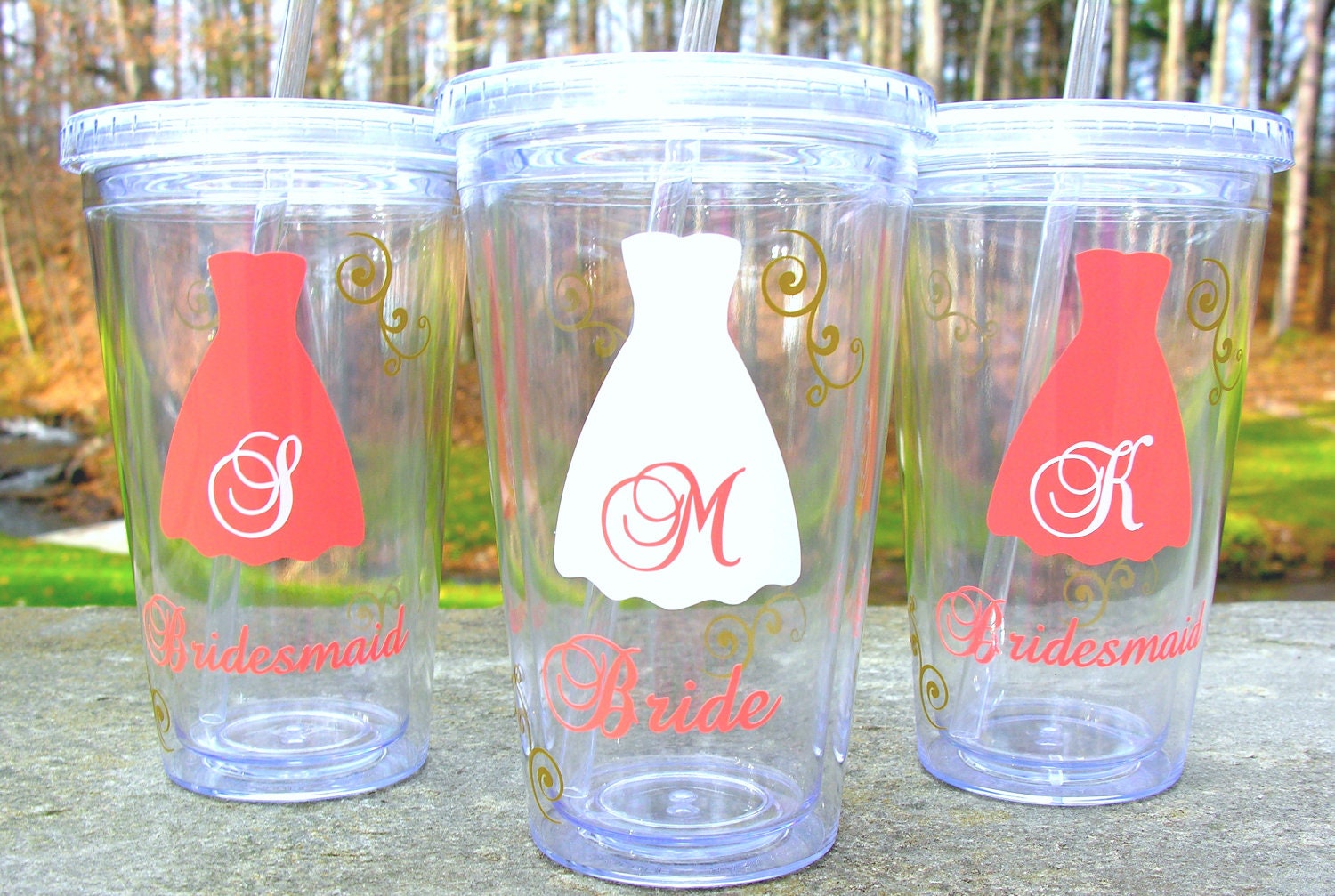 3 Bridesmaids Tumblers, 16 ounce insulated tumblers with lid and straw, acrylic Bridesmaid or Maid of honor gift, bride cup, coral and gold