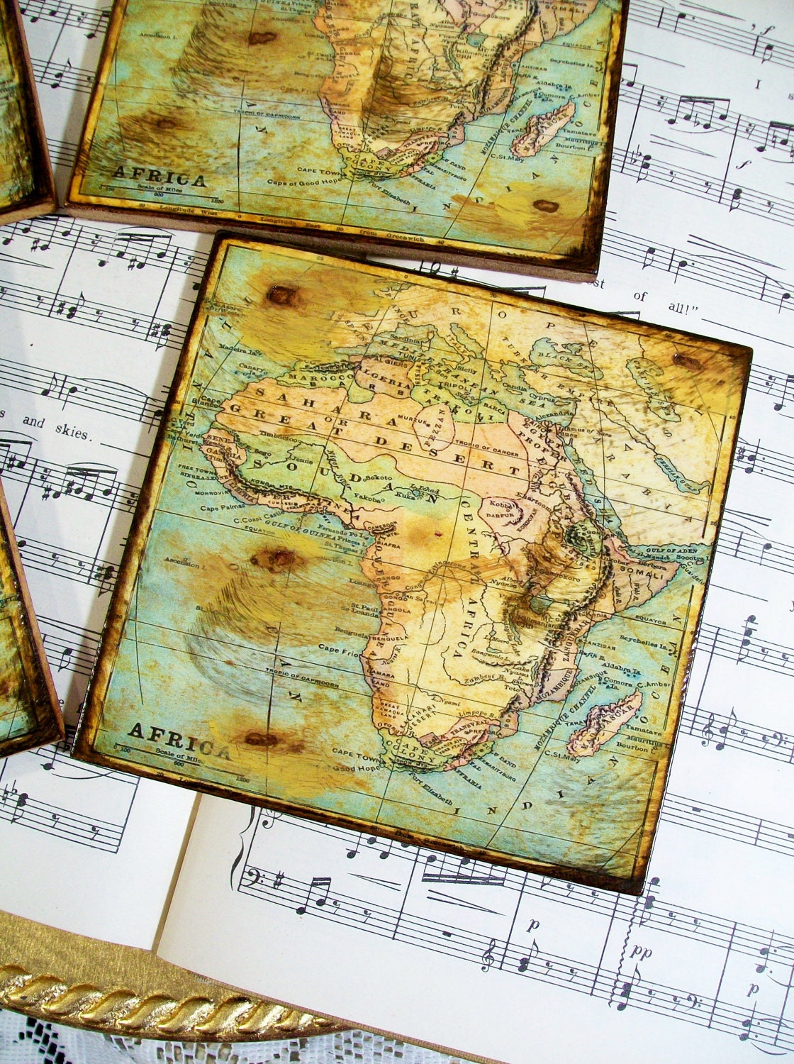 Map Coasters Old World Map of Africa Gold Stained and Antiqued Map Coaster Set of 4 Decoupage Art Teachers Historians World Travelers