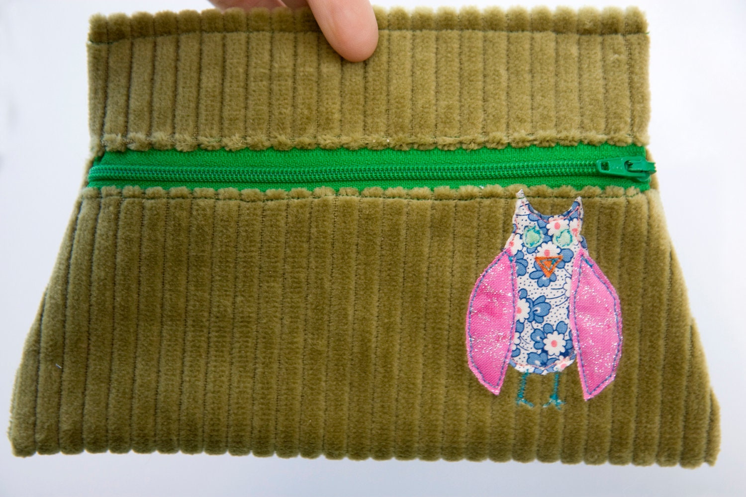 Owl Corduroy Olive Green Pouch