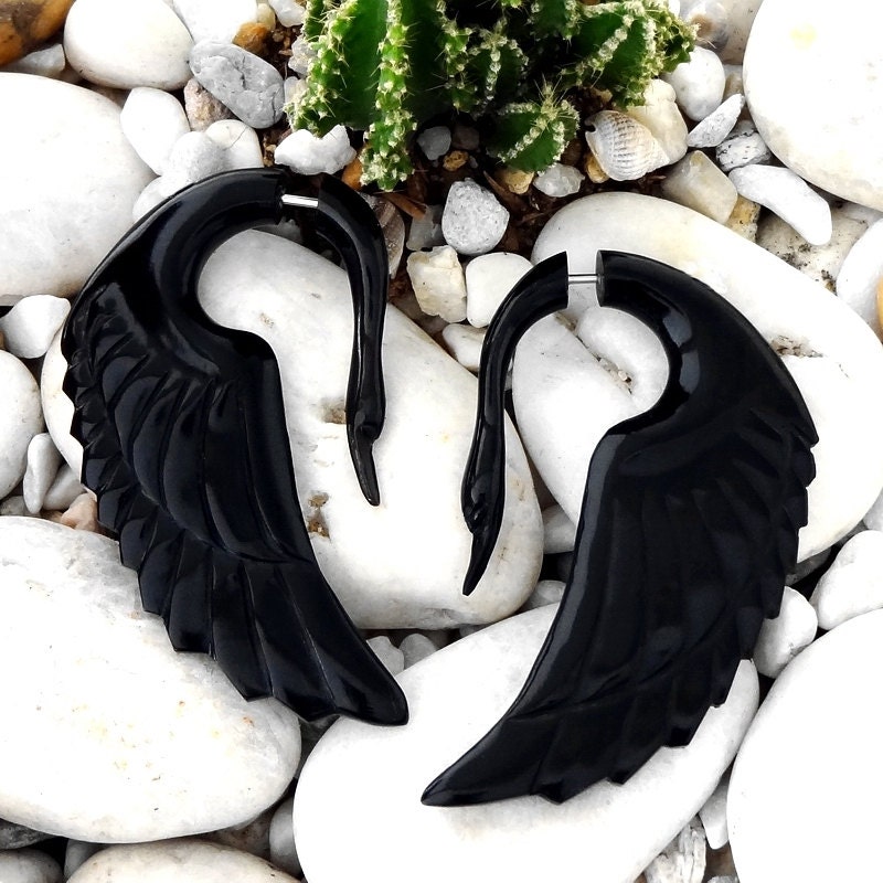 Fake Gauge Horn Earrings -- SPRING SALE 25% Off -- 1 Pair Elegant Goth Swans On The Wing - Hand Carved Earrings - (By Fake Gauge Organics)