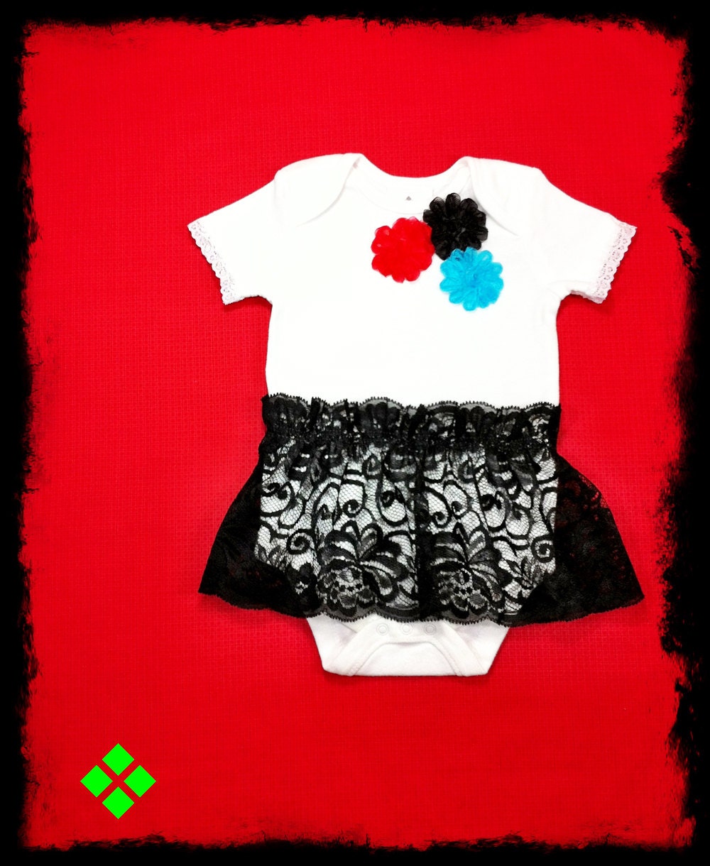 Baby Boutique White Bodysuit Black Lace Red Turquoise Flowers Size 3 - 6 Month Ready To Ship Spring Summer Clothing Handmade Original Gift