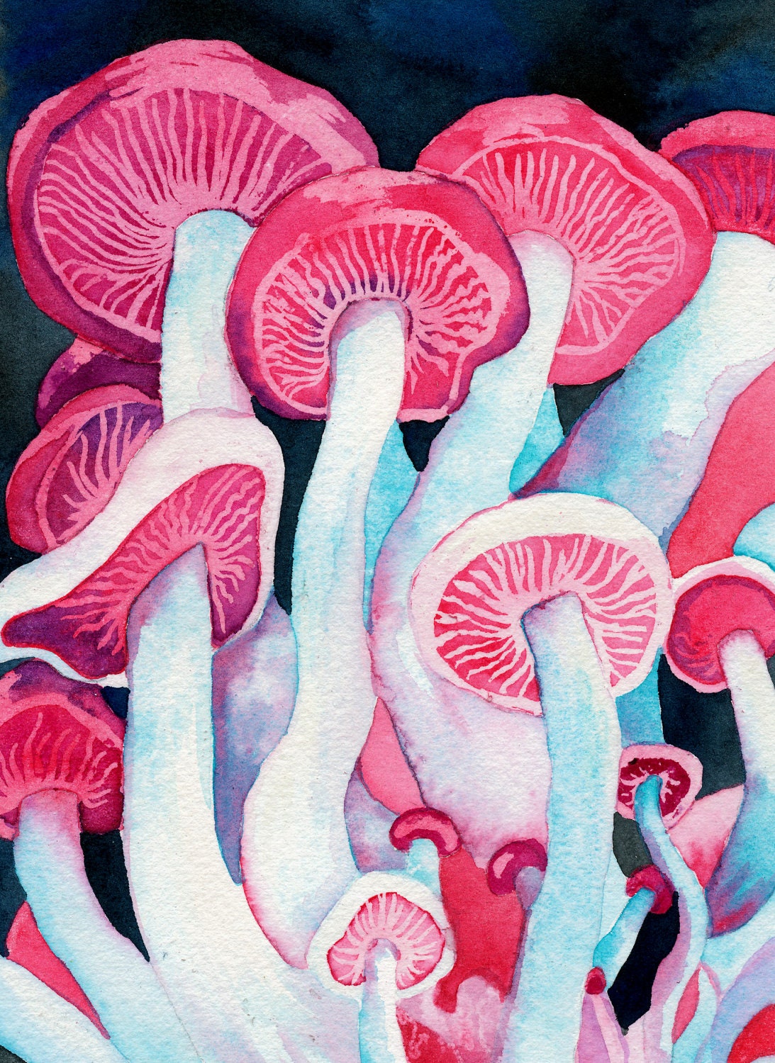 Shamanic Shrooms Mini-Print (Colorful Hot Pink Watercolor Painting of Trippy Psychedelic Magic Mushrooms)