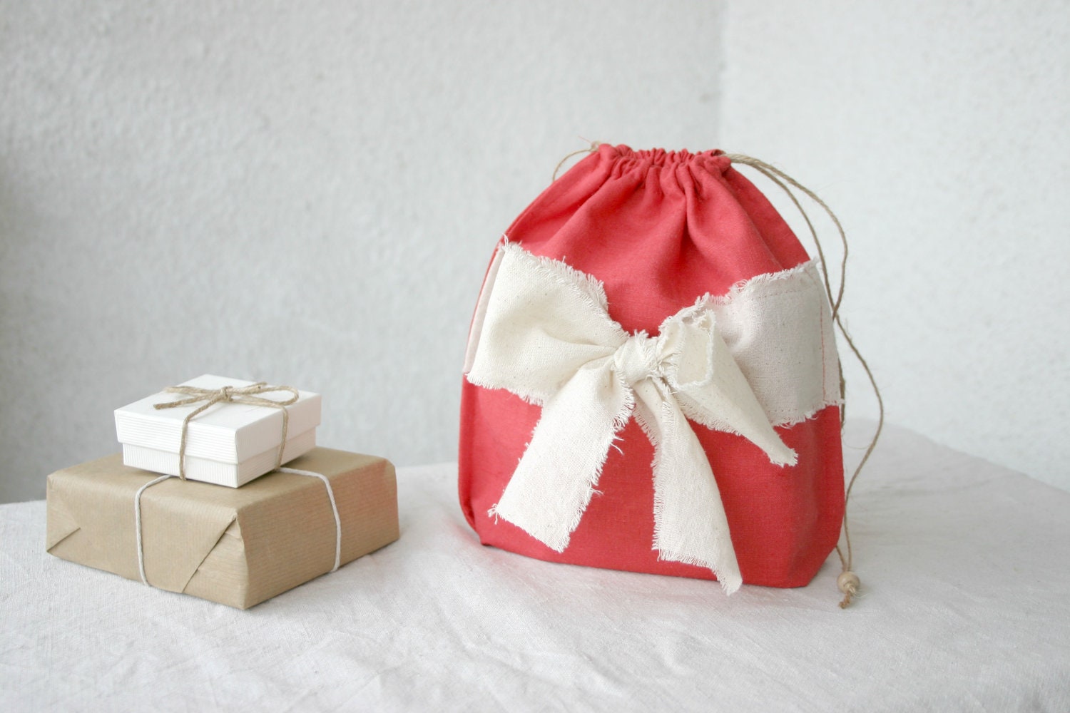 Raspberry red Linen and lace Drawstring bag gift bag reusable eco friendly shabby bow