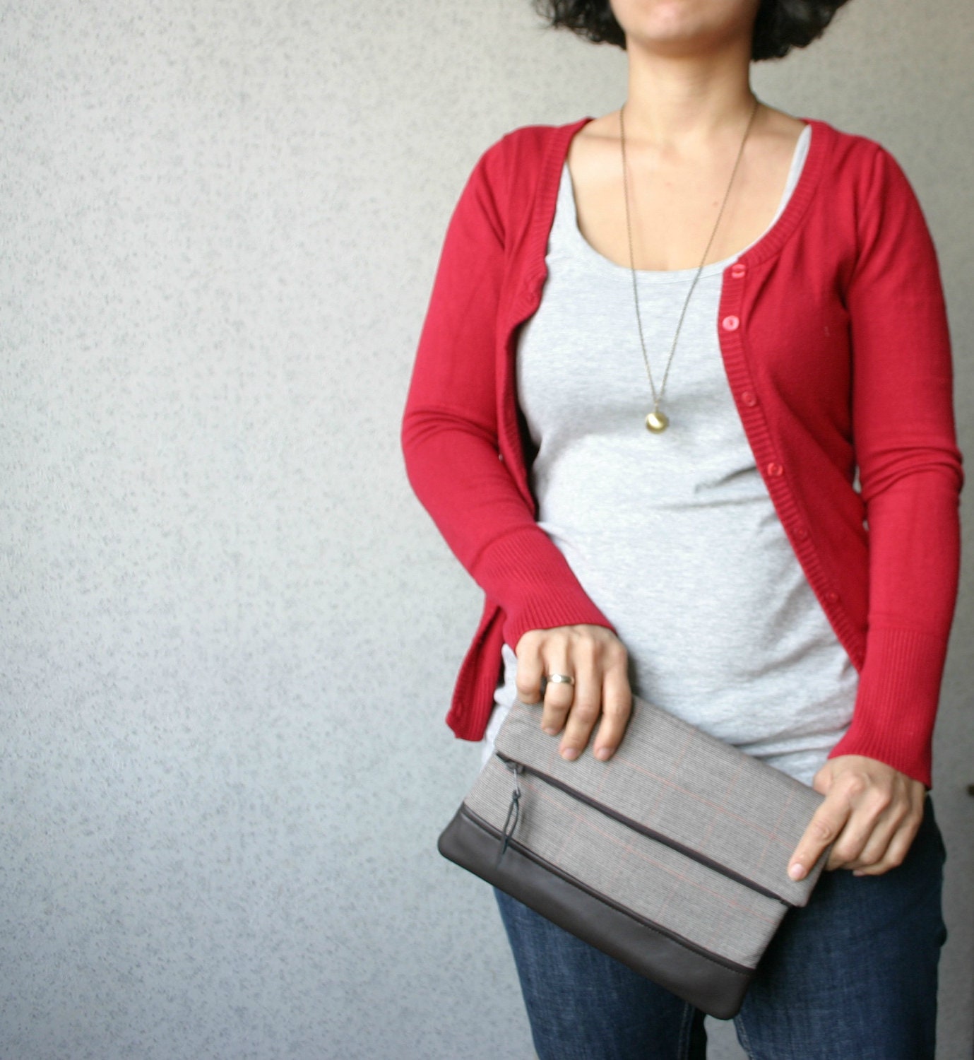 Fashion Leather Fold over clutch Leather bottom Vintage Wool Fabric