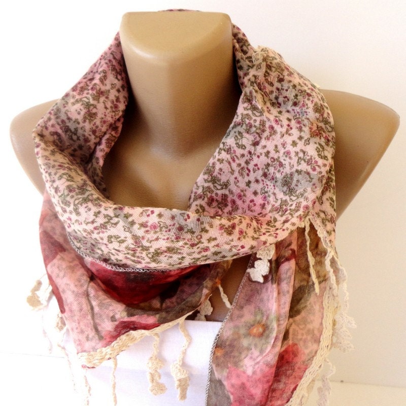 floral scarf, womens fashion accessory scarves, cowl scarf, shawl scarf , Lace scarf double sided