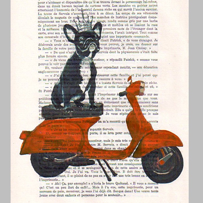 Original Illustration Digital Print Mixed Media  Art Poster Acrylic Painting Holiday Decor Drawing Gifts: Bulldog on a Vespa