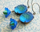 Blue Earrings, Retro Earrings, Blue Green Flowers, Vintage Floral Earrings, Retro Jewelry, Vintage Jewelry, Bohemian Earrings, Mothers Day