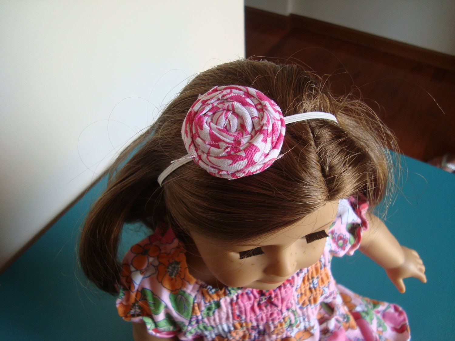 American Girl Doll Headband - Rolled Fabric Flower Headband - Hot Pink and White Damask