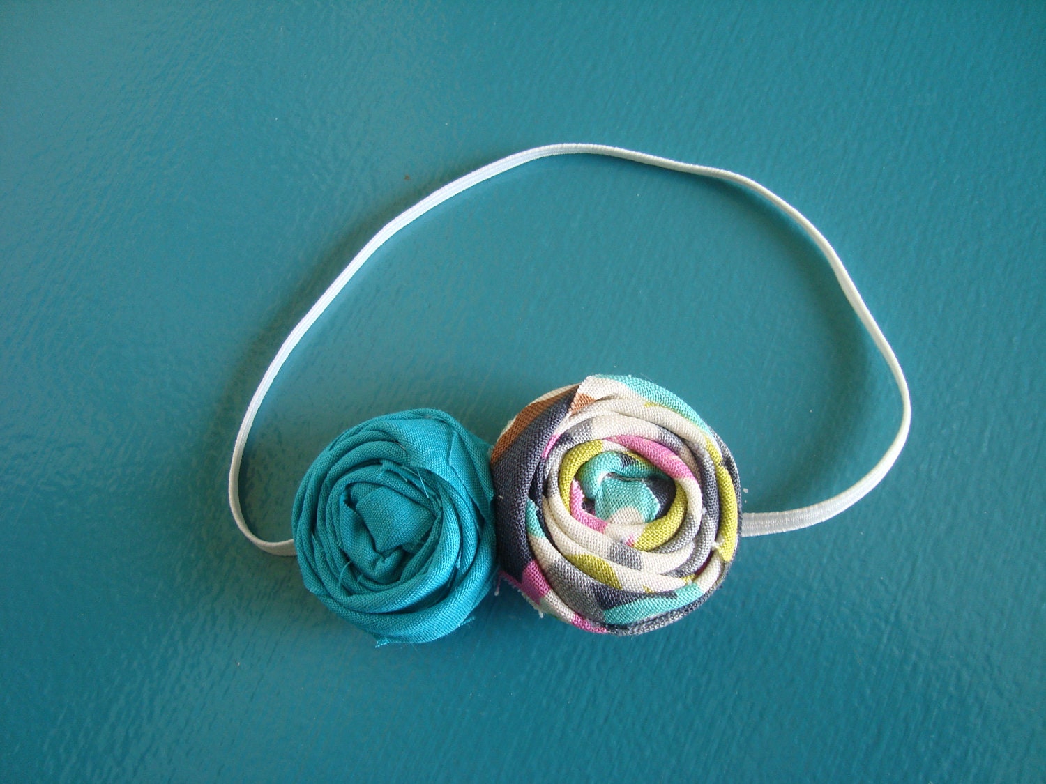 American Girl Doll Headband - Rolled Fabric Flower Double Headband - Turquoise and Bright Multi