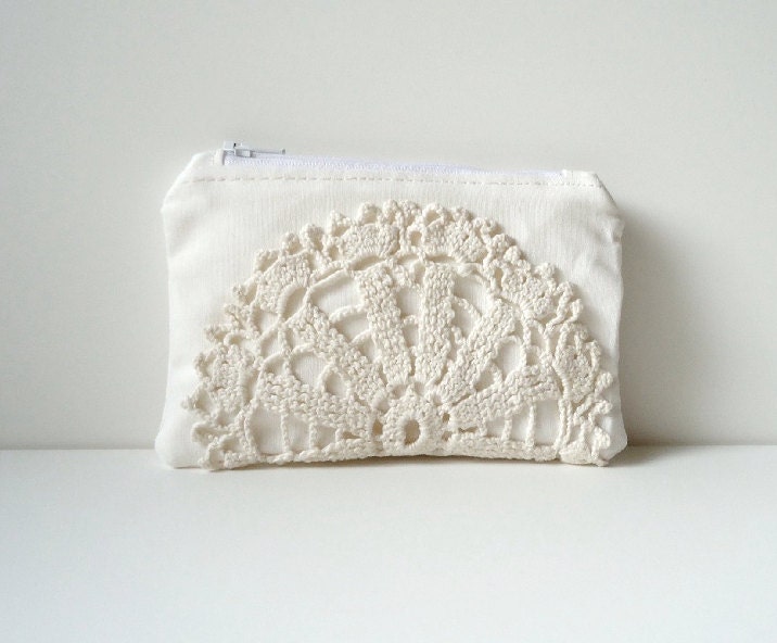 White Zipper Clutch Vintage Crochet Doily - iPhone Case - White Bridal Clutch
