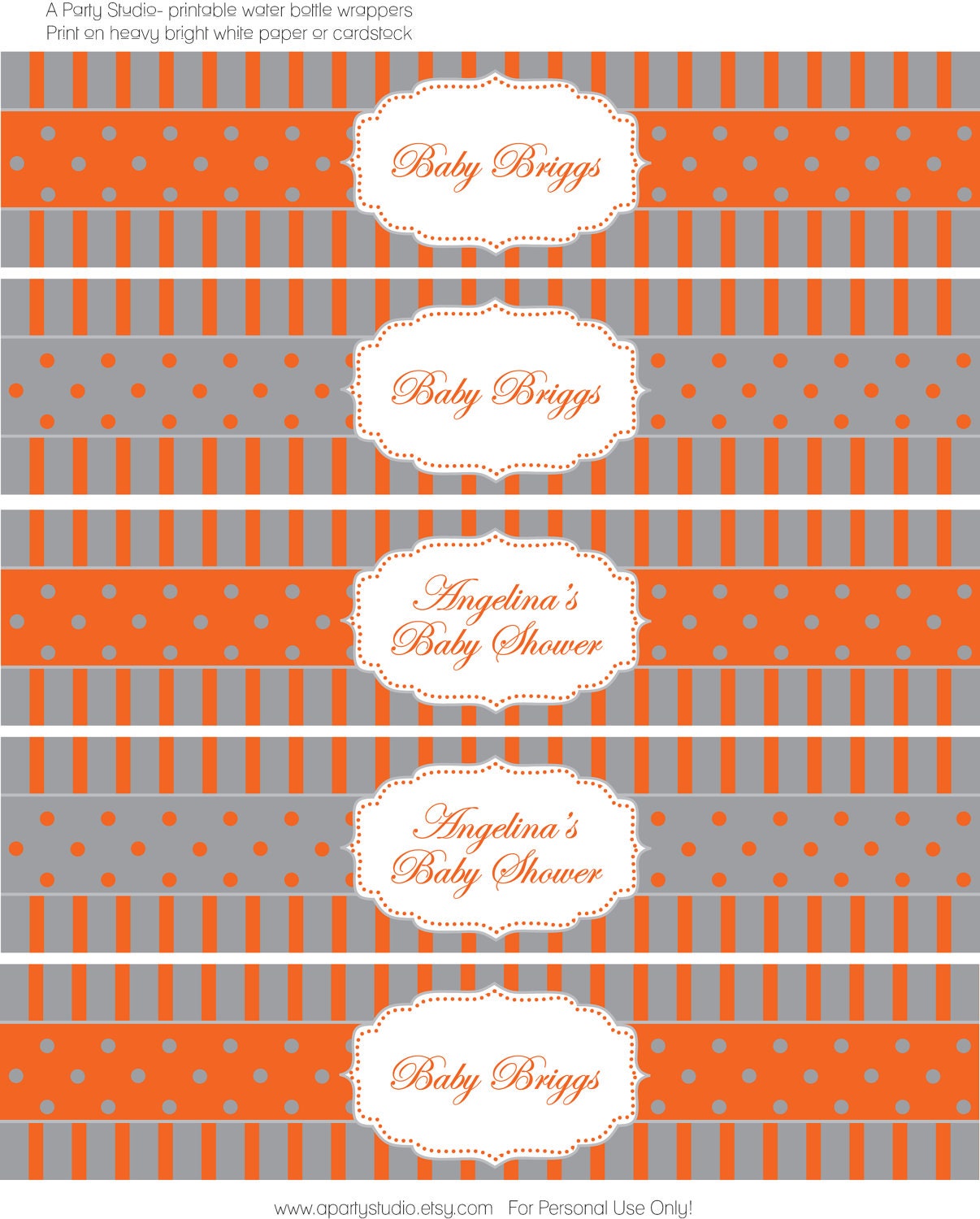 Pumpkin Orange and Grey Water Bottle Wrappers- print your own