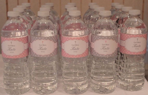 Polka Dot Baptism- Pink and Grey Water Bottle Wrappers- Print your own Il_570xn
