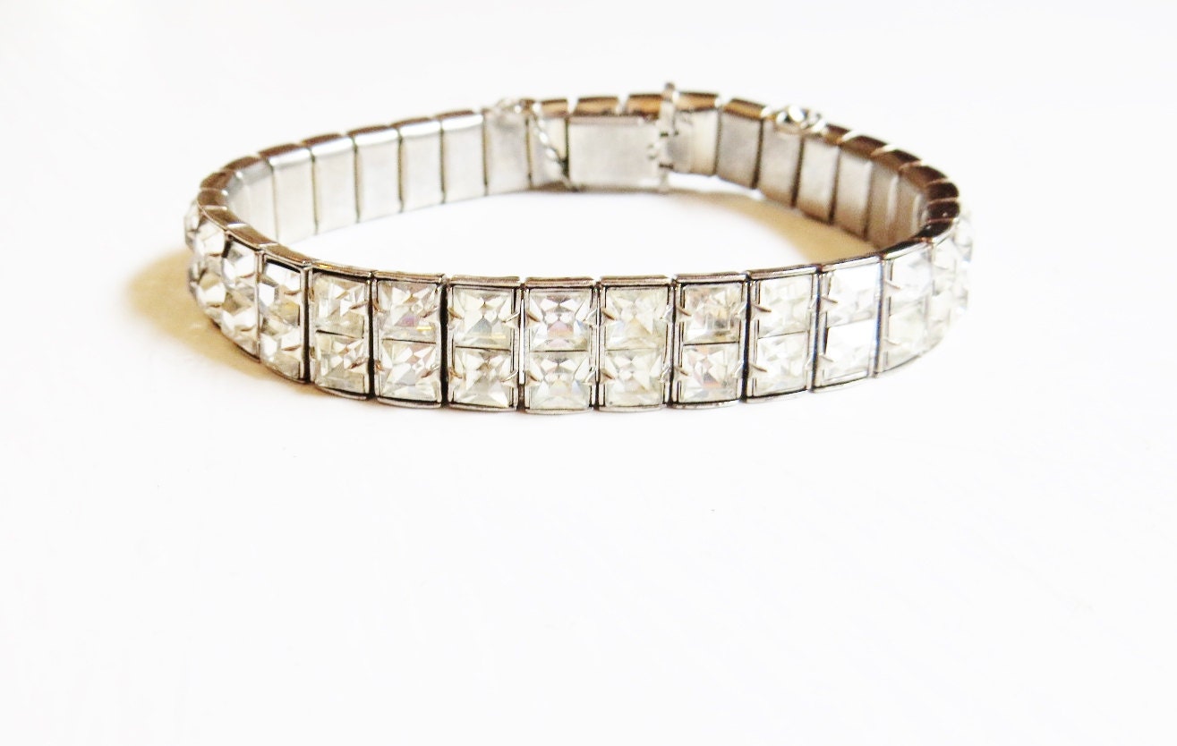 Vintage Rhinestone Bracelet Art Deco Style Wedding Jewelry Princess Cut Clear Glass Stones 1940s Wedding Bracelet