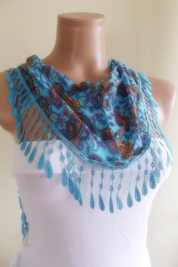 multicolor cotton scarf with lace new design shawl neckwarmer cowl christmas gift for her turquoise blue