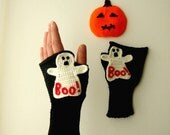 Halloween Ghost with Boo Fingerless Gloves / Hand Knit Gloves And Crochet  Ghost / Black color. Halloween Costume. - gloveshop