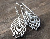 Silver Peacock Feather Earrings / Sterling Silver Metal Cutout Dangle Earrings / Simple Statement Jewelry by burnish