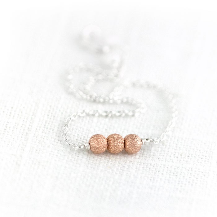 Rose Gold Stardust Bracelet / Three Pink Rose Gold Sparkly Beads Sterling Silver Chain Bracelet