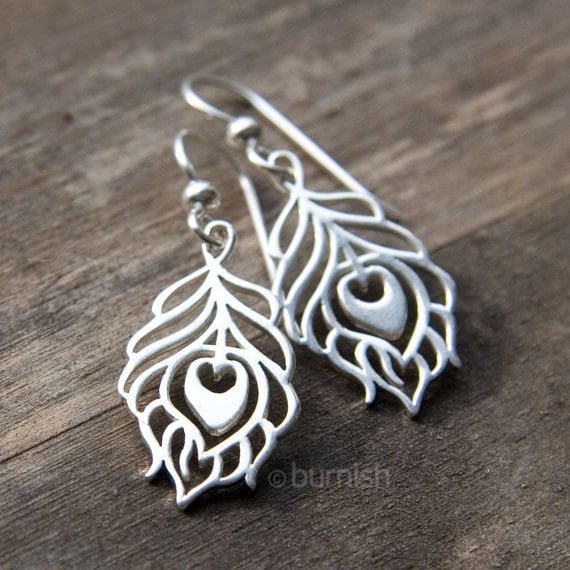 Silver Peacock Feather Earrings / Sterling Silver Metal Cutout Dangle Earrings / Simple Statement Jewelry by burnish