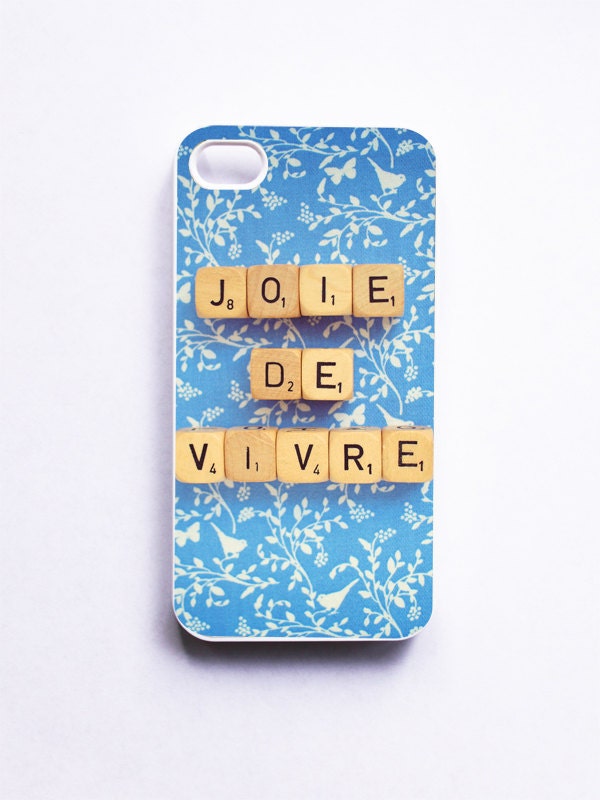 iPhone Case: Joie De Vivre. White Case. Scrabble. French Word Dice. Blue. Little Birds. READY-TO-SHIP