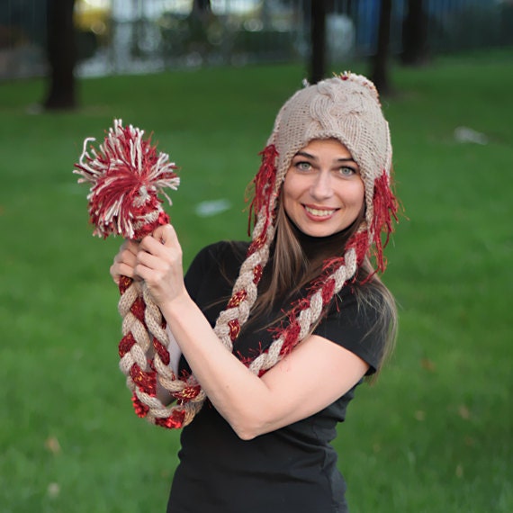 Hand Knit Hat/ Women Rapunzel Hat/ Wool Winter Hat/ Knitting Hat/ knitwear by Solandia/ women/ unisex, Red and beige with long tresses