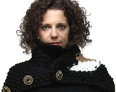 Knitting Scarf, Winter Scarf, Chunky Bulky Unisex Neck Warmer GEOMETRY in Black, White and Beige/ Wool Shawl/ Big Bone buttons by Solandia
