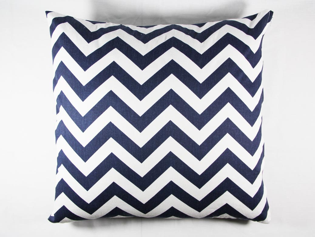 Decorative Cotton Pillow Covers - Hidden Zipper Closure - Navy Blue and White Chevron - Navy Blue Accent Pillow - 16 x 16 inches