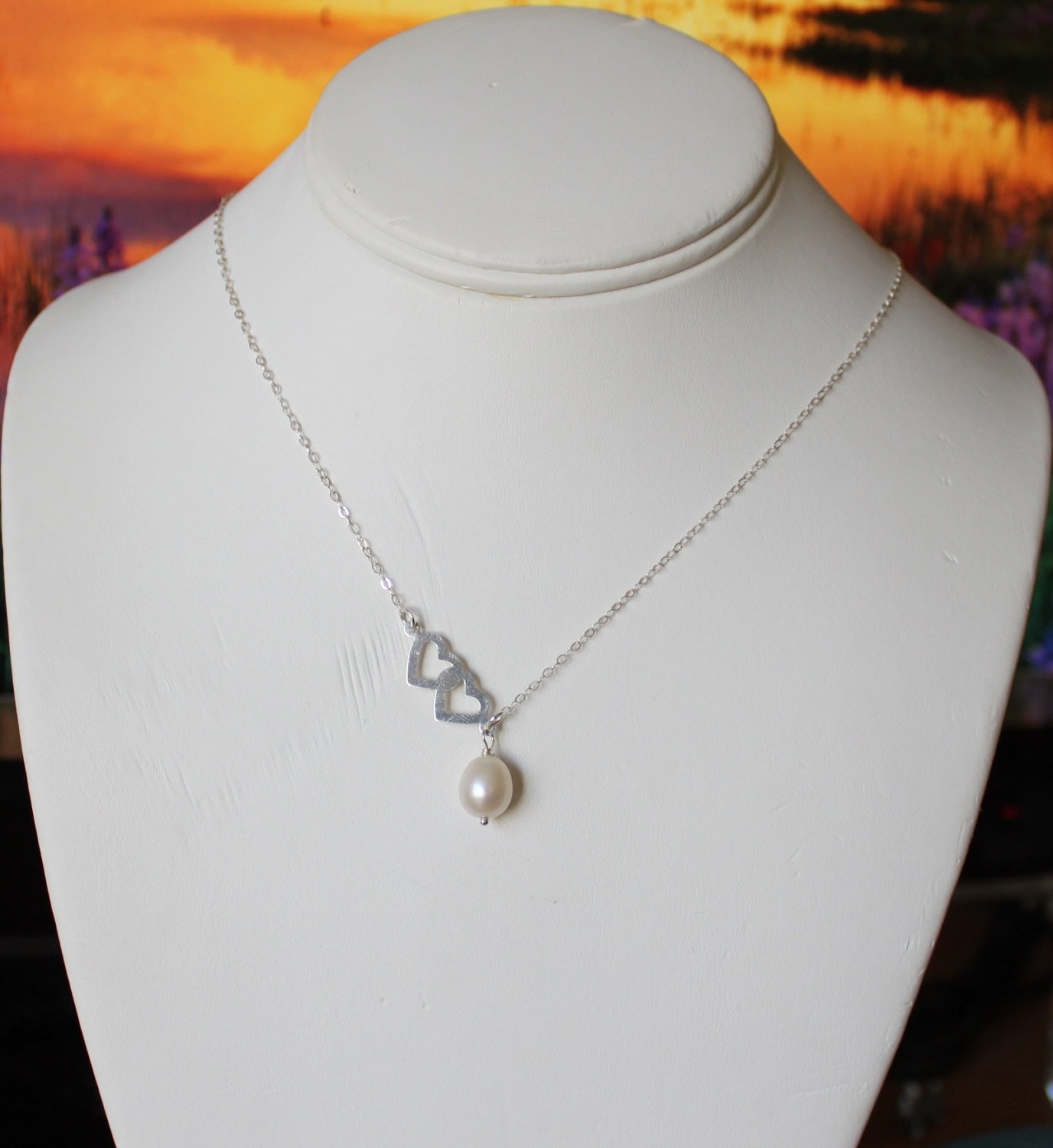 Double Heart Pearl Necklace, Sterling Silver Necklace & Double heart love charm, Bridal, Birthday, Mom, Daughter, Sister, Friendship Gifts