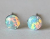 4mm White Opal Studs, hypoallergenic Titanium posts, Silicone ear nuts, Cabochon Gemstone post studs