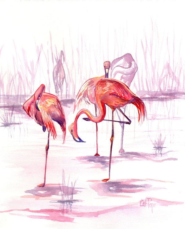 SALE Flamingo watercolor illustration - birds and nature painting