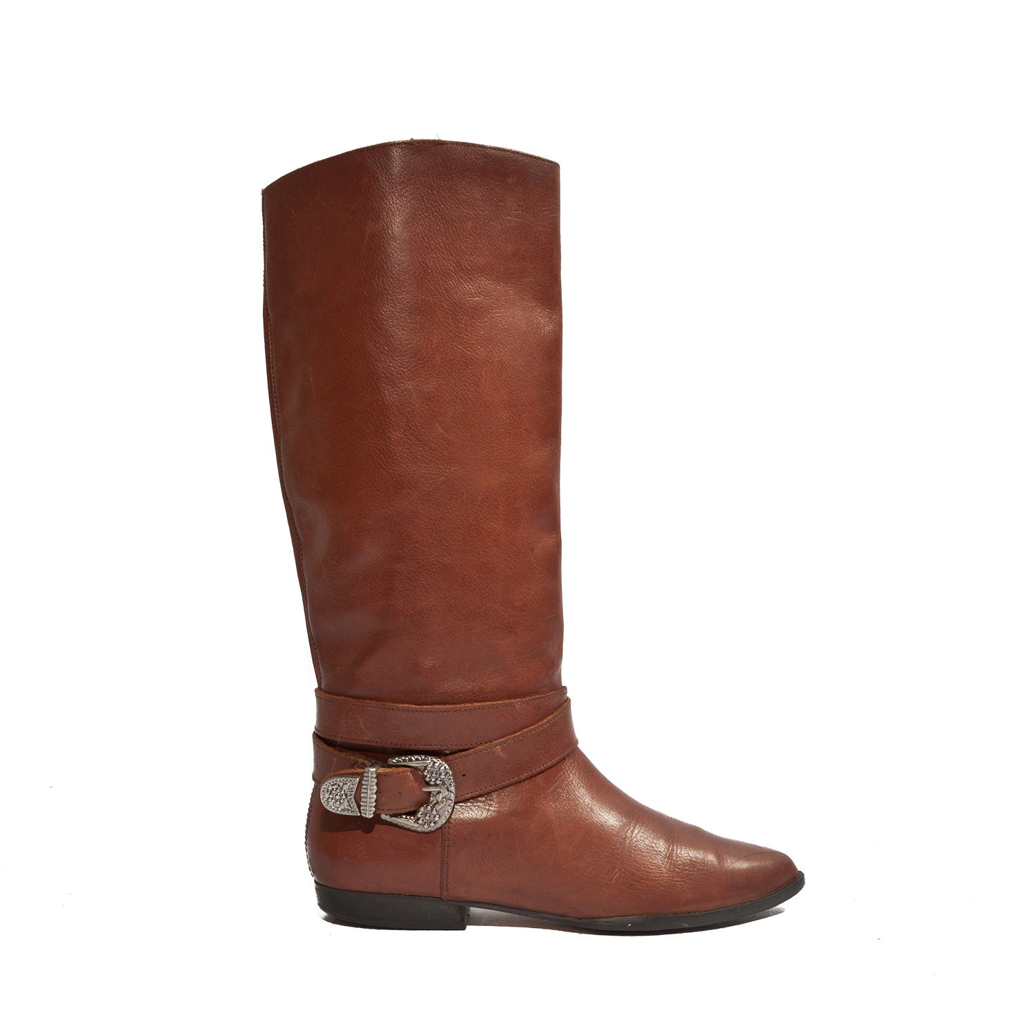 Women's Tall Brown Fashion Riding Boots Strap and Buckle Brown Leather size 6 1/2