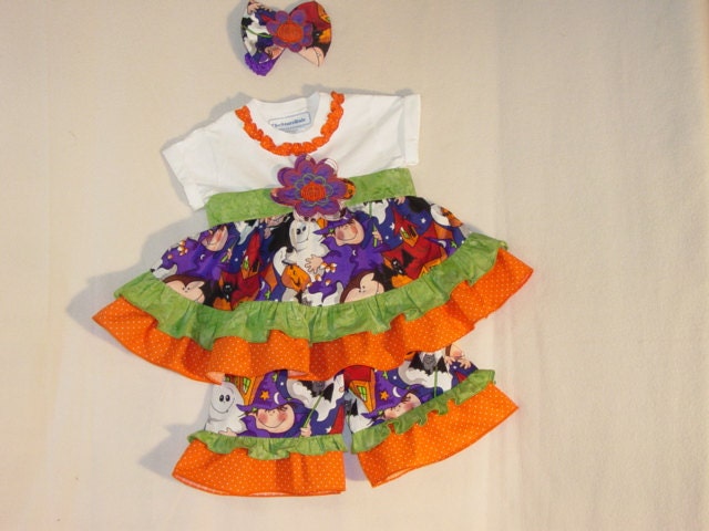 Halloween Toddler Girl' s Dress 2T Boutique Handmade Applique Fall Children Clothing  Outfit Pant Headband OOAK