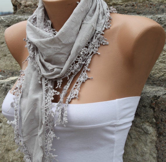Gray Scarf  - Cotton  Scarf -  Cowl with Lace Edge   -