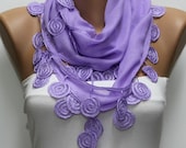 Lilac  Scarf  - Cotton  Scarf -  Cowl with Lace Edge   -