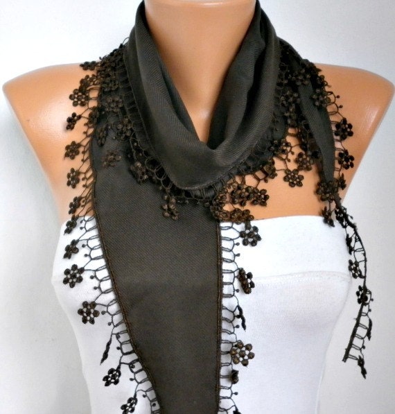 Brown Scarf  - Pashmina  Scarf - Cowl Scarf with Lace Edge   - fatwoman