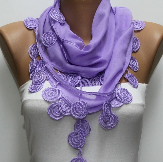 Lilac  Scarf  - Cotton  Scarf -  Cowl with Lace Edge   -
