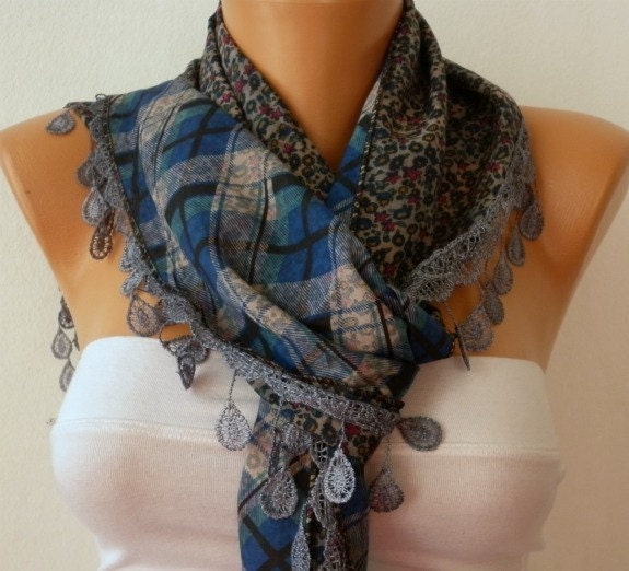 Women Shawl Scarf - Cowl with Lace - Multicolor