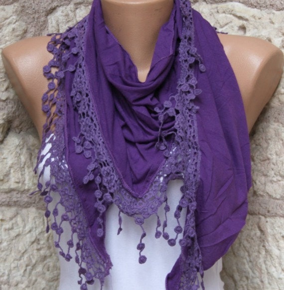 Purple  - Shawl Scarf -  Cowl Scarf with Lace Edge -fatwoman