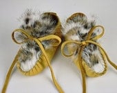 Leopard Print Baby Moccasins, Rabbit Fur Deerskin Leather Booties, Handmade Buckskin Infant Slippers, Golden Tan  size 9-12 months
