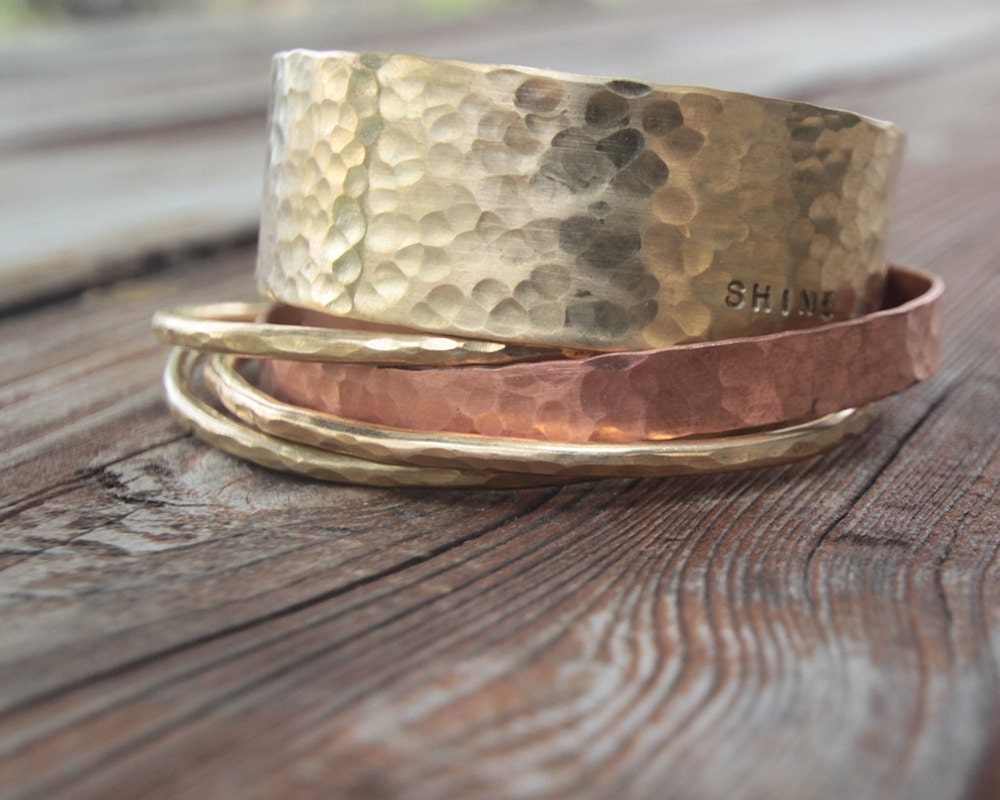 Bangle Bracelet Rustic FIVE Stacking CUFFS in Gold Dust and Soft Copper with Engraving on Outside Boho Fresh Finds Spring Fashion Hipster