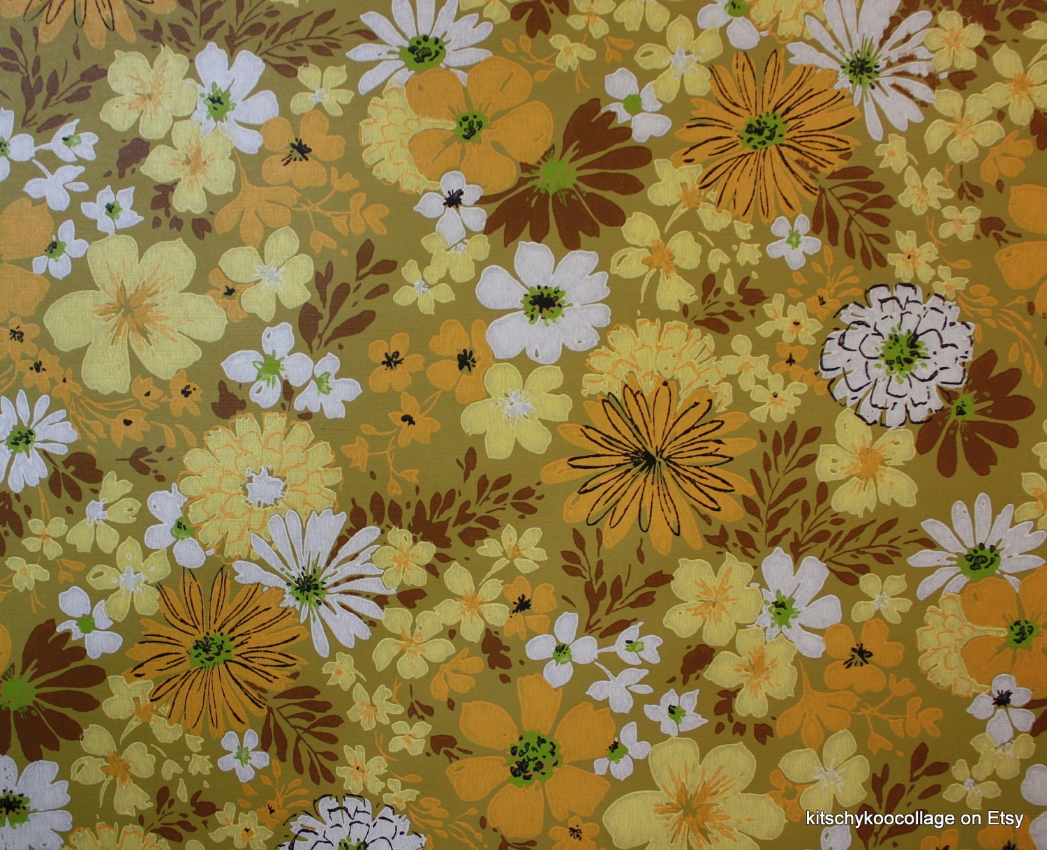 1970's Vintage Wallpaper Yellow Gold and Green Flower Collage