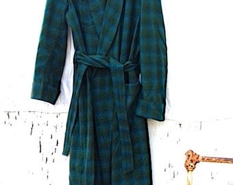 Morning coffee  rustic cabin robe men mom grandparent Vintage pendleton blue green wool retro mountain forest wear