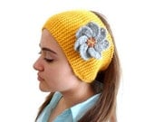 Flower Headband,  warm knit headband, knitting, gift,  winter trend ,fashion,  Christmas, yellow mustard and gray
