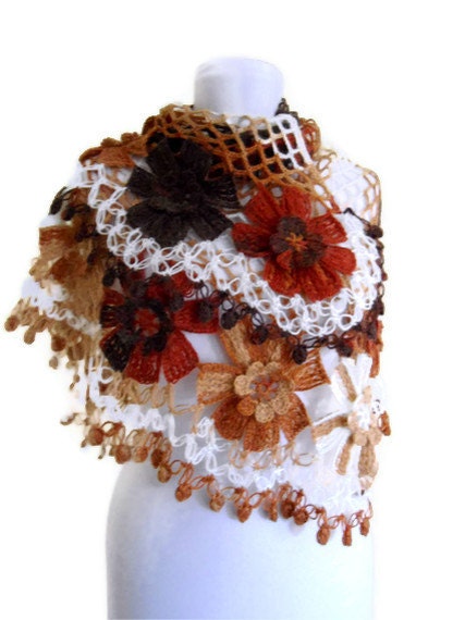 scarf, gift, valentine, valentines day, winter trends, fashion, 2012,Saffron Russet Ivory tawny,  flower shawl