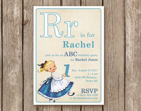 Vintage ABC Flashcard Invitation - boy - perfect for a birthday party for any little girl or boy - customized to any color (DEPOSIT)