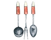 kitchen utensils watercolor giclee print - 8x10 // red kitchen art // wall decor