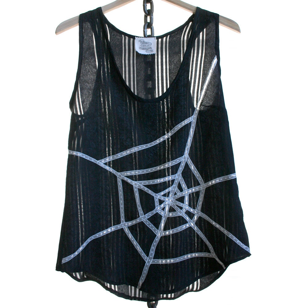 Lingerie Top Silk Lace Camisole  Tank / Spiderweb Black White Jacquard / Small - Penelope Deco Camisole
